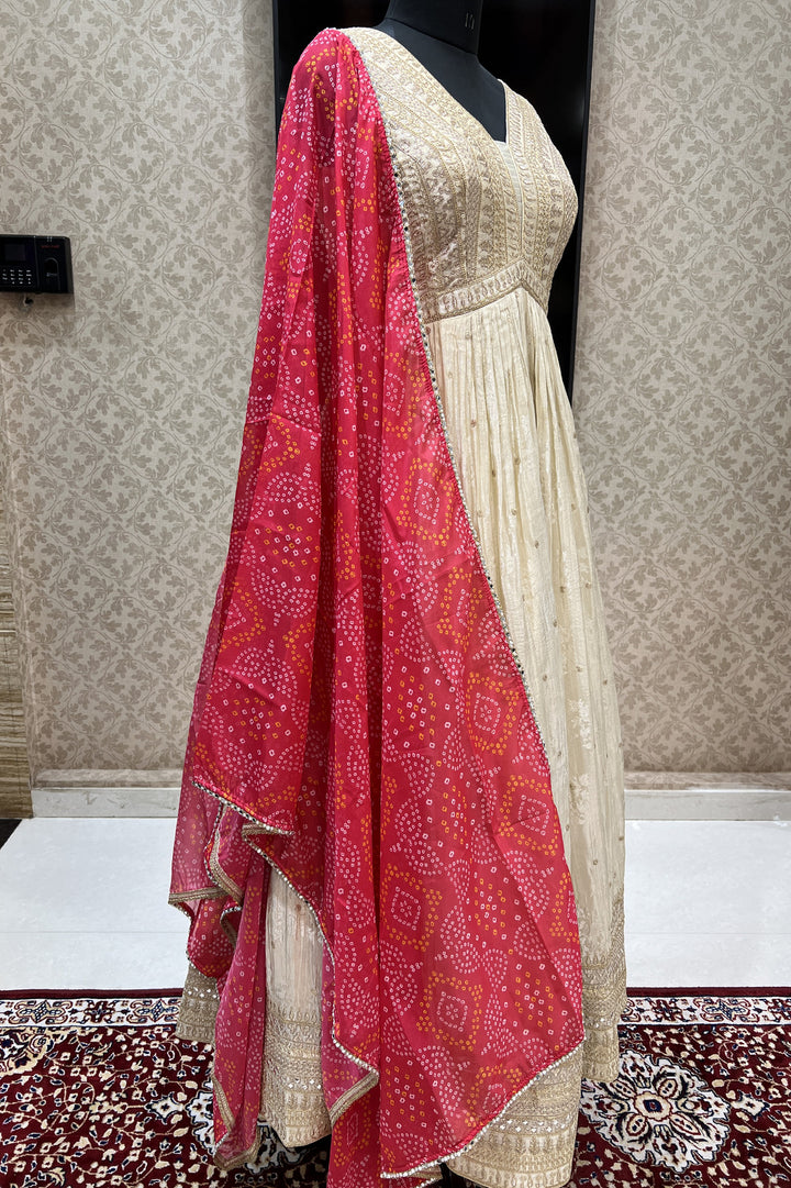 Beige Zari and Sequins work Floor Length Anarkali Suit with Bandini Print Dupatta