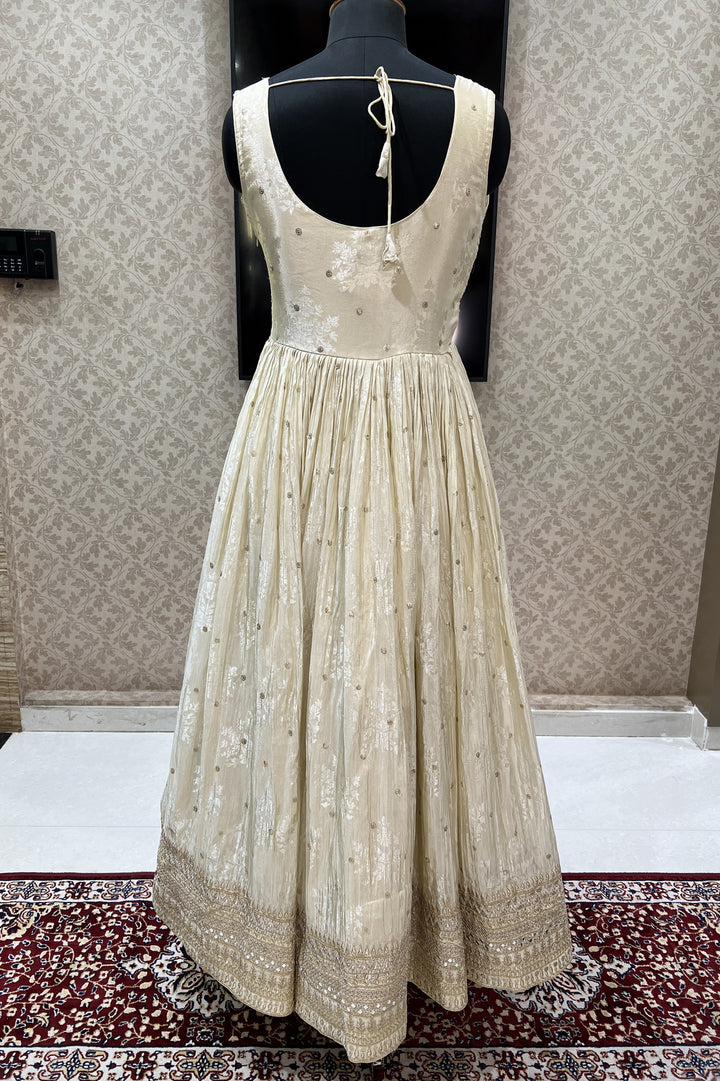 Beige Zari and Sequins work Floor Length Anarkali Suit with Bandini Print Dupatta