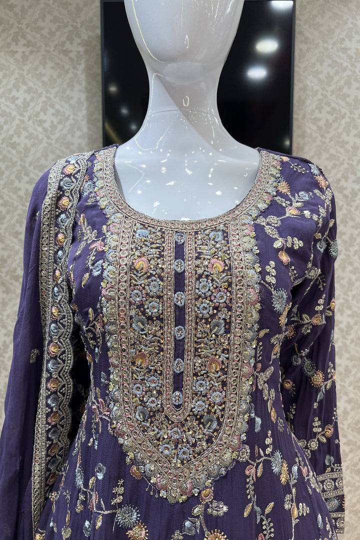 Light Purple Multicolor Embroidery, Zari, Sequins and Stone work Palazzo Suit Set