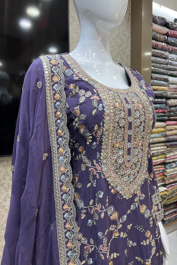 Light Purple Multicolor Embroidery, Zari, Sequins and Stone work Palazzo Suit Set