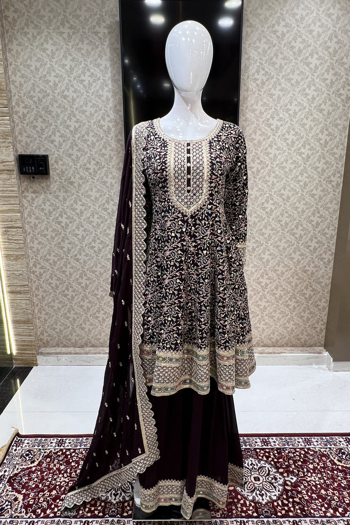 Wine Multicolor Embroidery, Sequins and Zari work Palazzo Suit Set