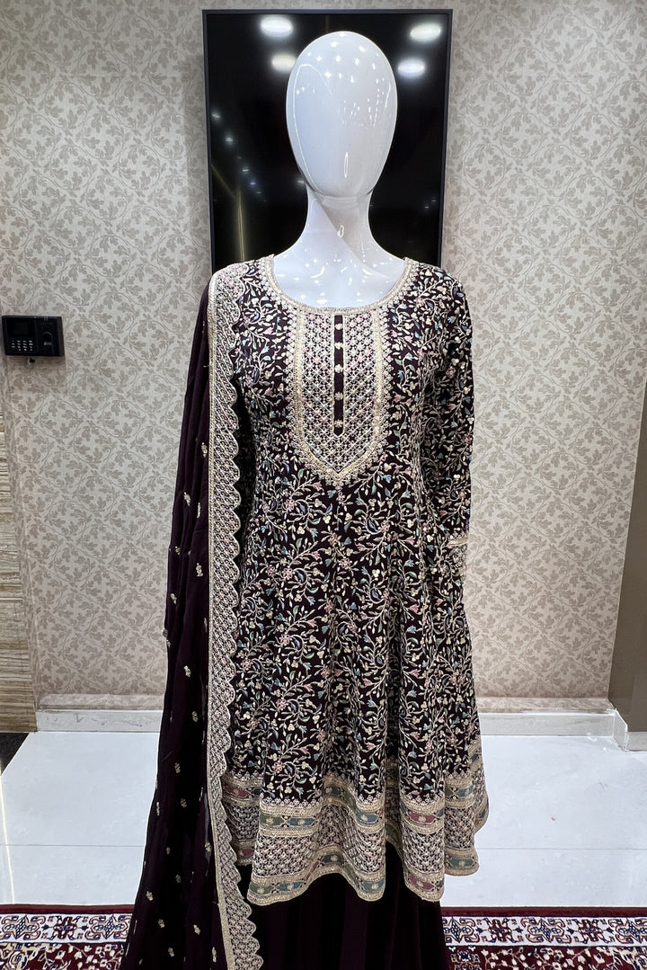 Wine Multicolor Embroidery, Sequins and Zari work Palazzo Suit Set