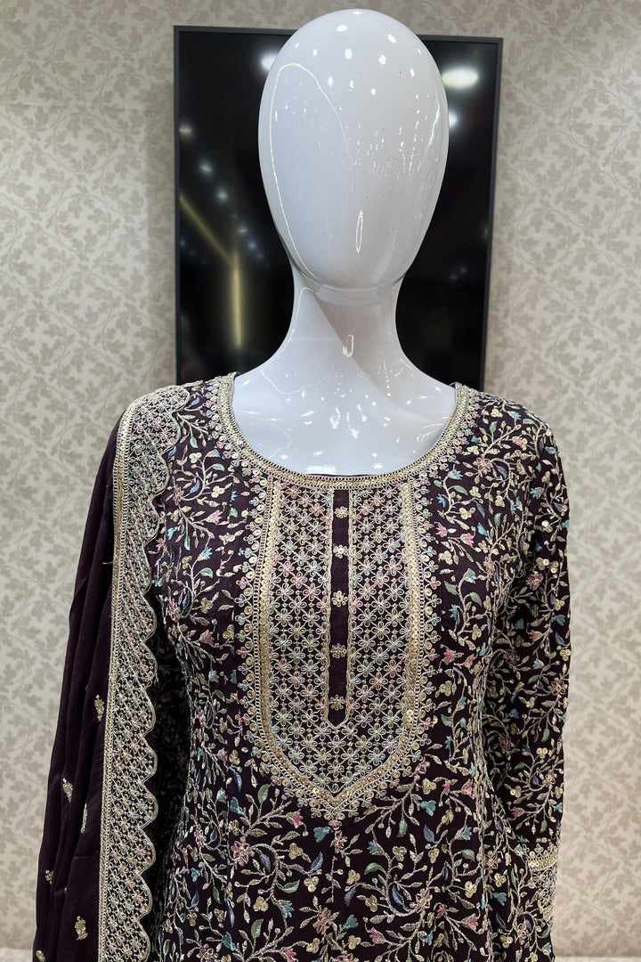 Wine Multicolor Embroidery, Sequins and Zari work Palazzo Suit Set