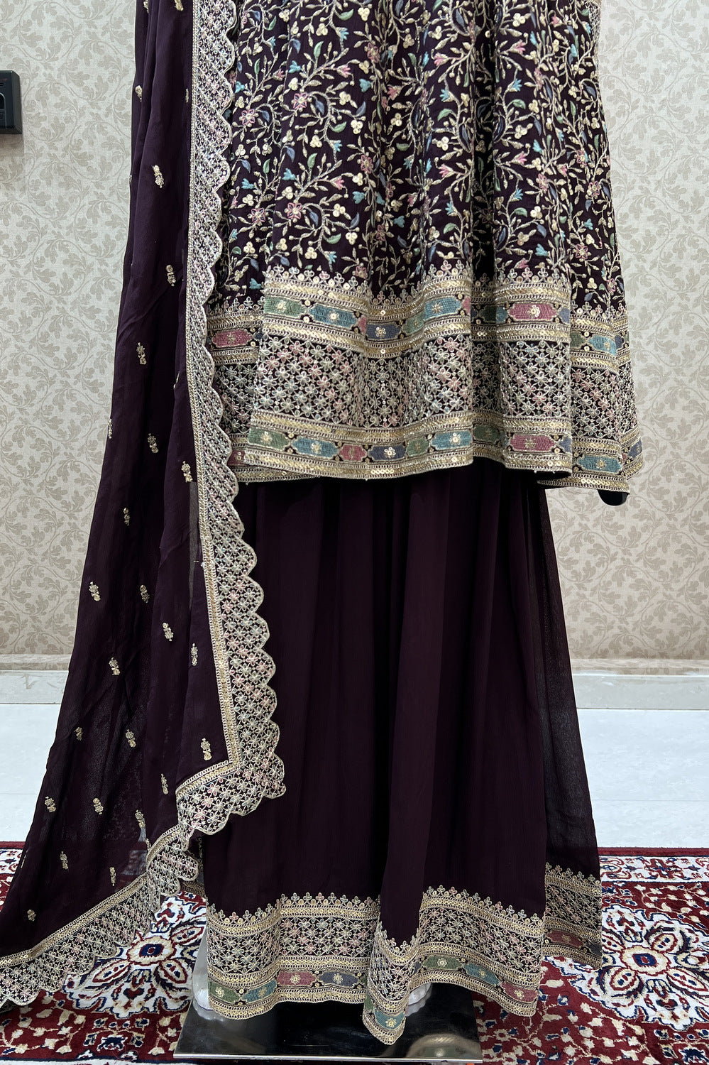 Wine Multicolor Embroidery, Sequins and Zari work Palazzo Suit Set