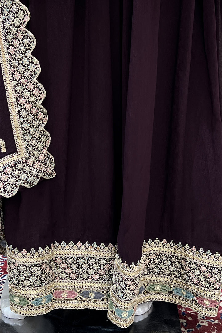 Wine Multicolor Embroidery, Sequins and Zari work Palazzo Suit Set