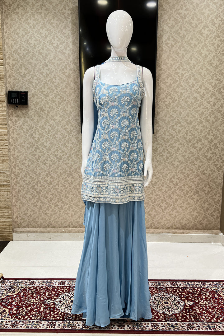 Sky Blue Sequins and Multicolor Embroidery work Palazzo Salwar Suit