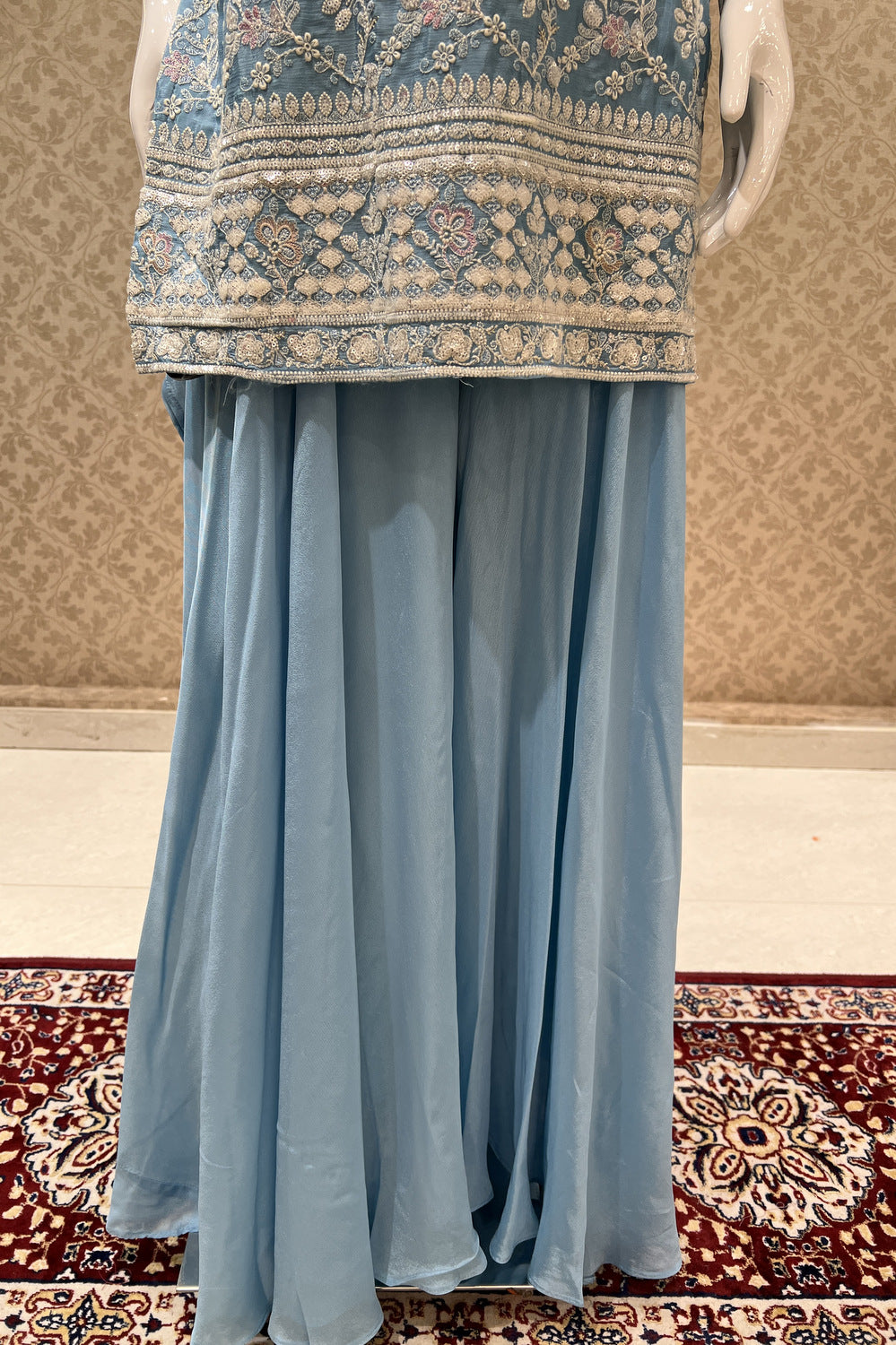 Sky Blue Sequins and Multicolor Embroidery work Palazzo Salwar Suit