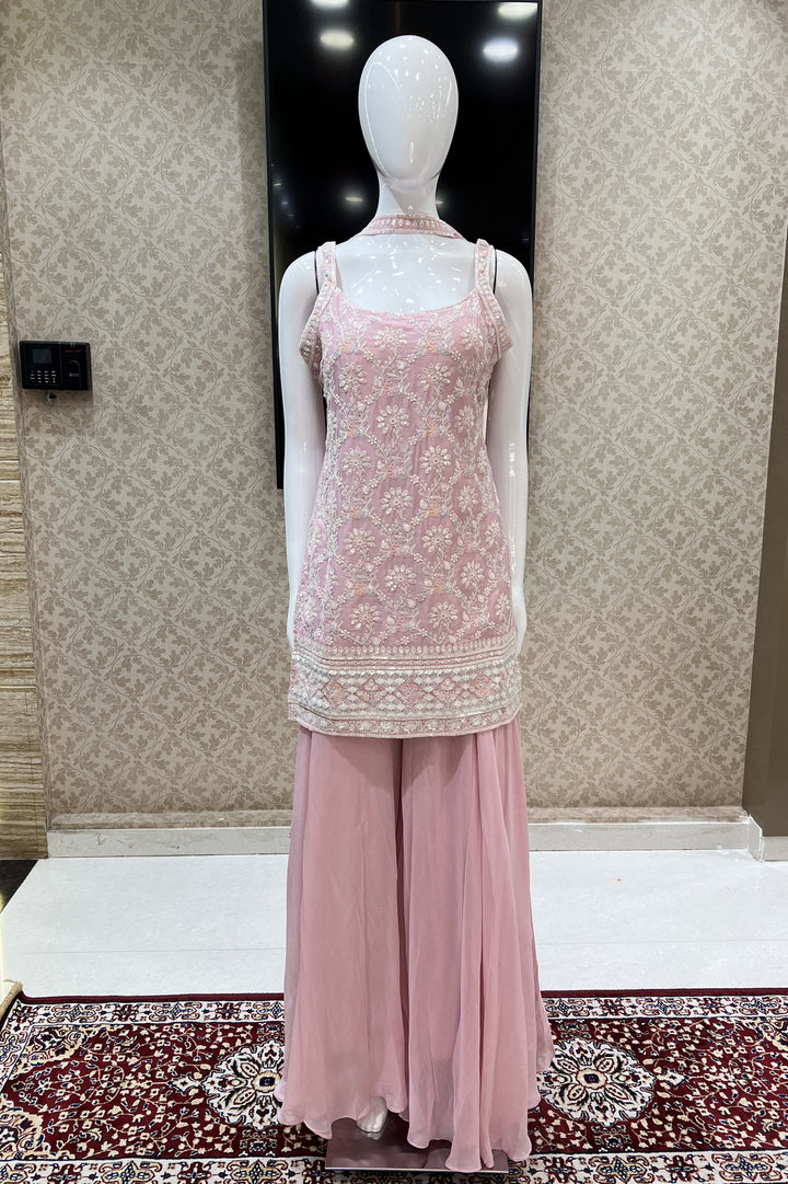 Baby Pink Sequins and Multicolor Embroidery work Palazzo Salwar Suit