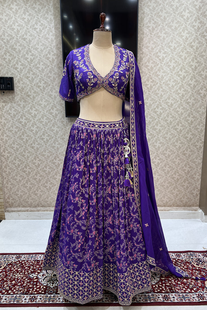 Purple Zardozi, Sequins, Thread, Zari and Banaras work Crop Top Lehenga