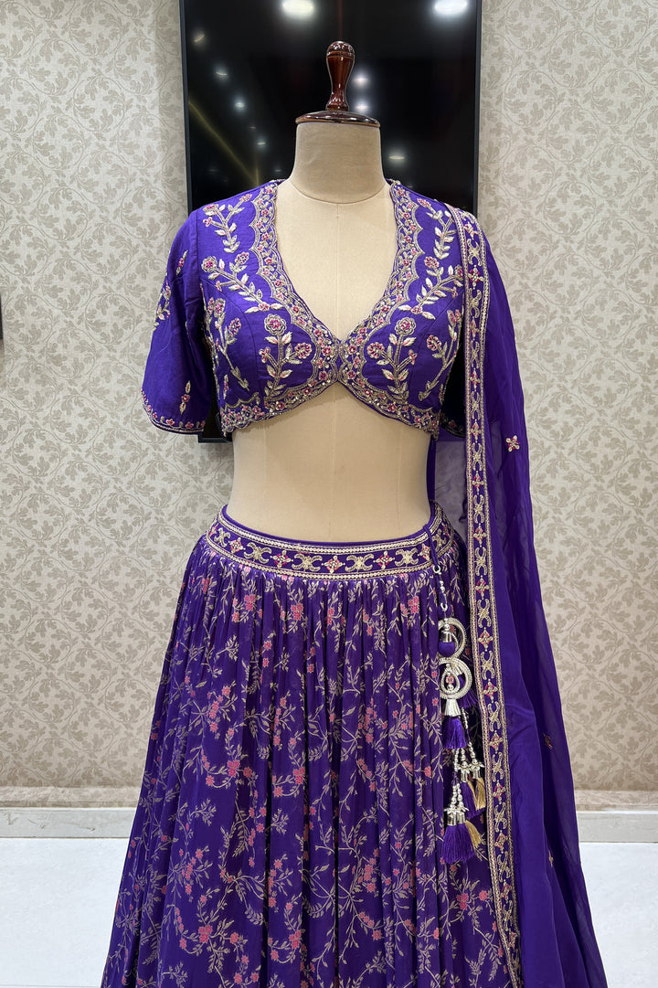 Purple Zardozi, Sequins, Thread, Zari and Banaras work Crop Top Lehenga