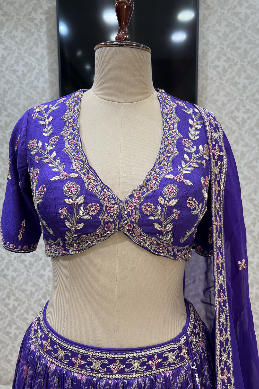 Purple Zardozi, Sequins, Thread, Zari and Banaras work Crop Top Lehenga