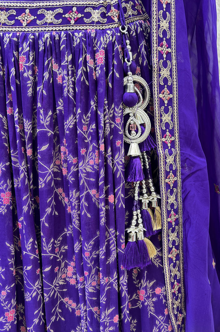 Purple Zardozi, Sequins, Thread, Zari and Banaras work Crop Top Lehenga