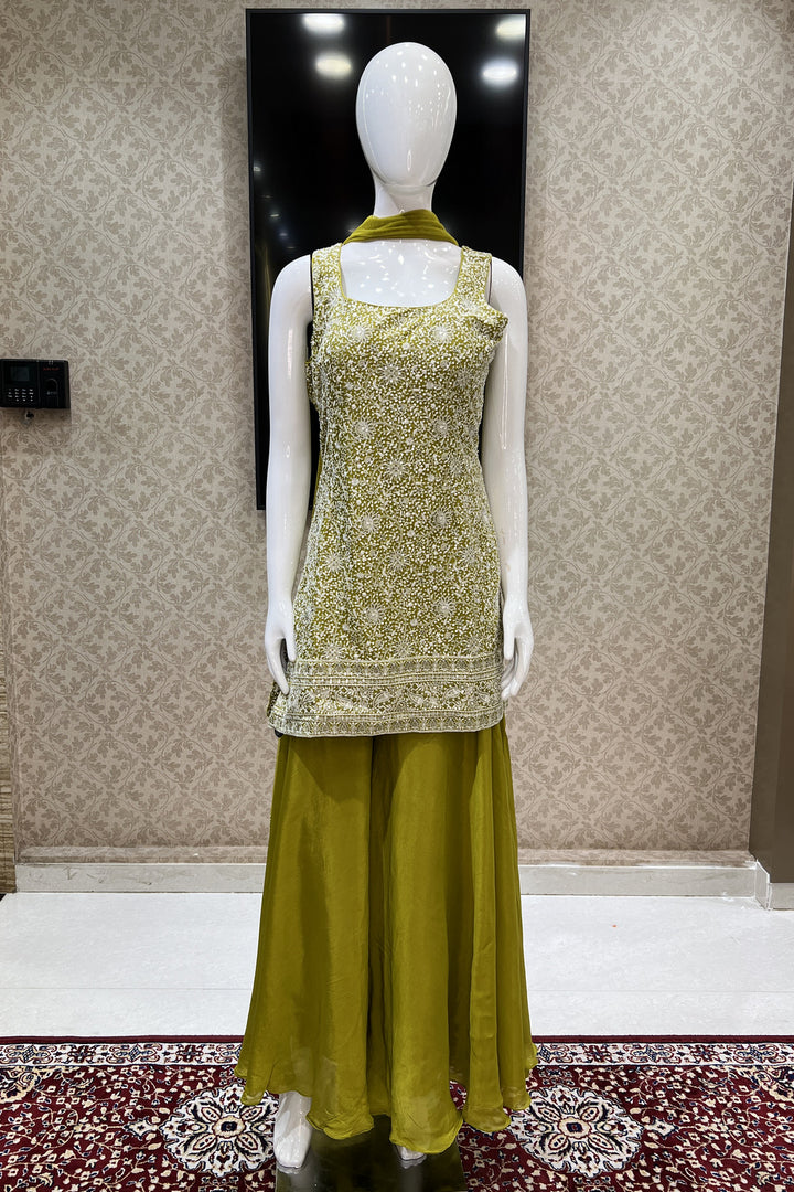 Olive Green Embroidery and Sequins work Palazzo Salwar Suit