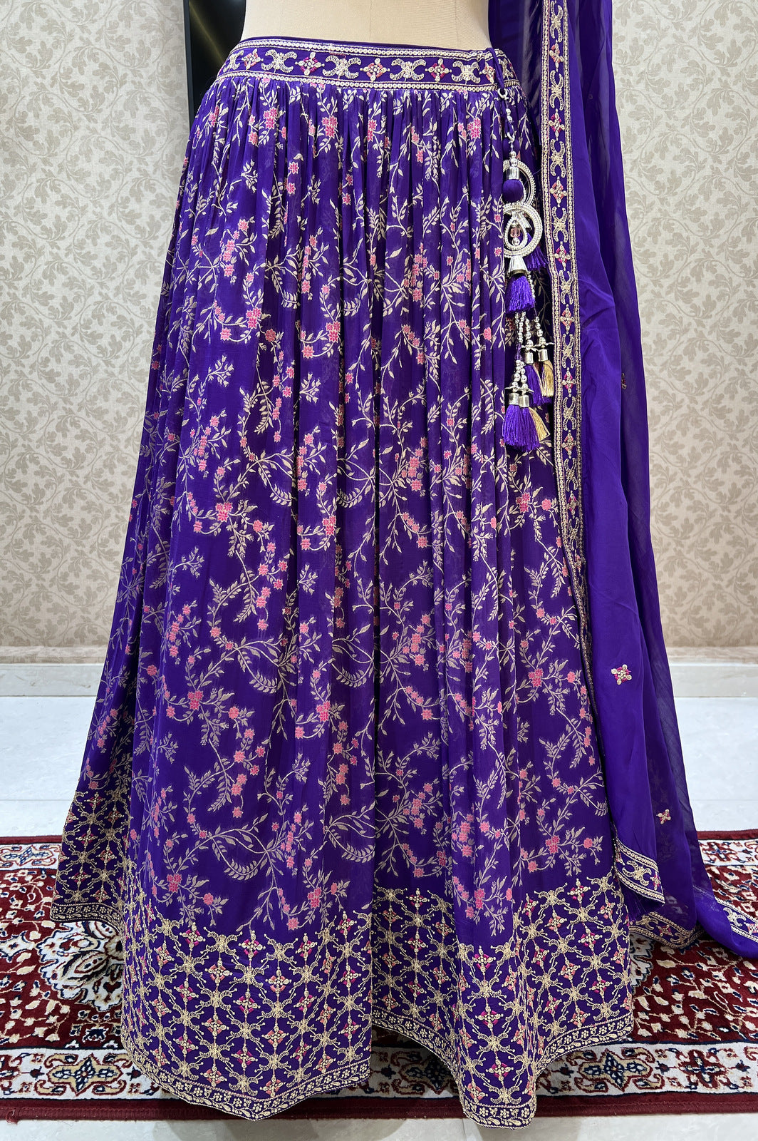 Purple Zardozi, Sequins, Thread, Zari and Banaras work Crop Top Lehenga