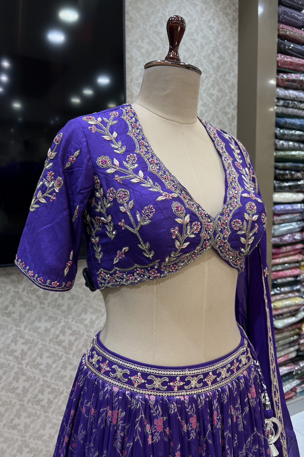 Purple Zardozi, Sequins, Thread, Zari and Banaras work Crop Top Lehenga