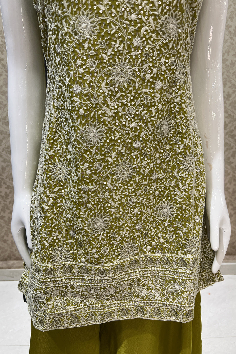 Olive Green Embroidery and Sequins work Palazzo Salwar Suit