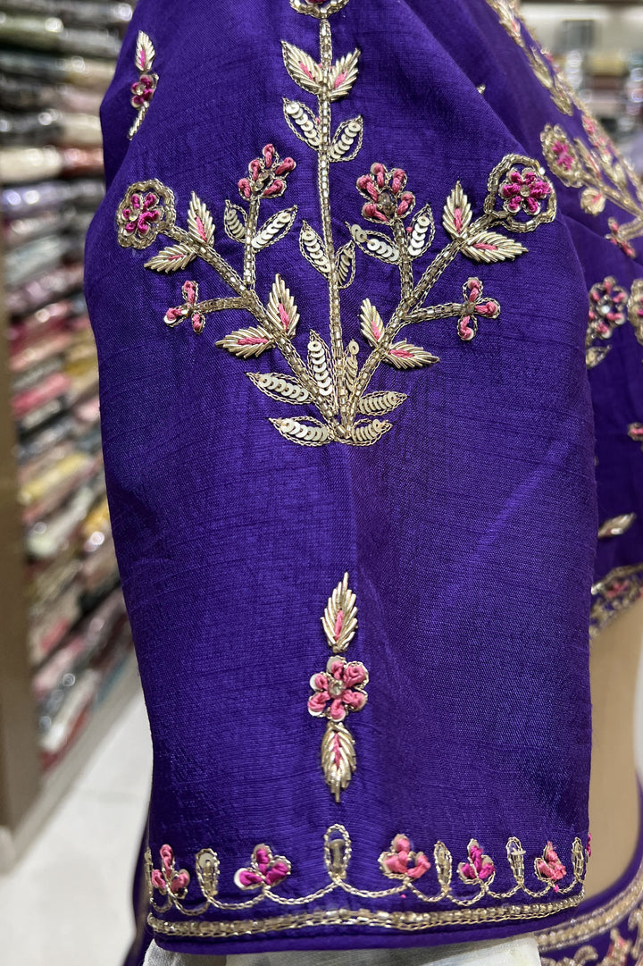 Purple Zardozi, Sequins, Thread, Zari and Banaras work Crop Top Lehenga