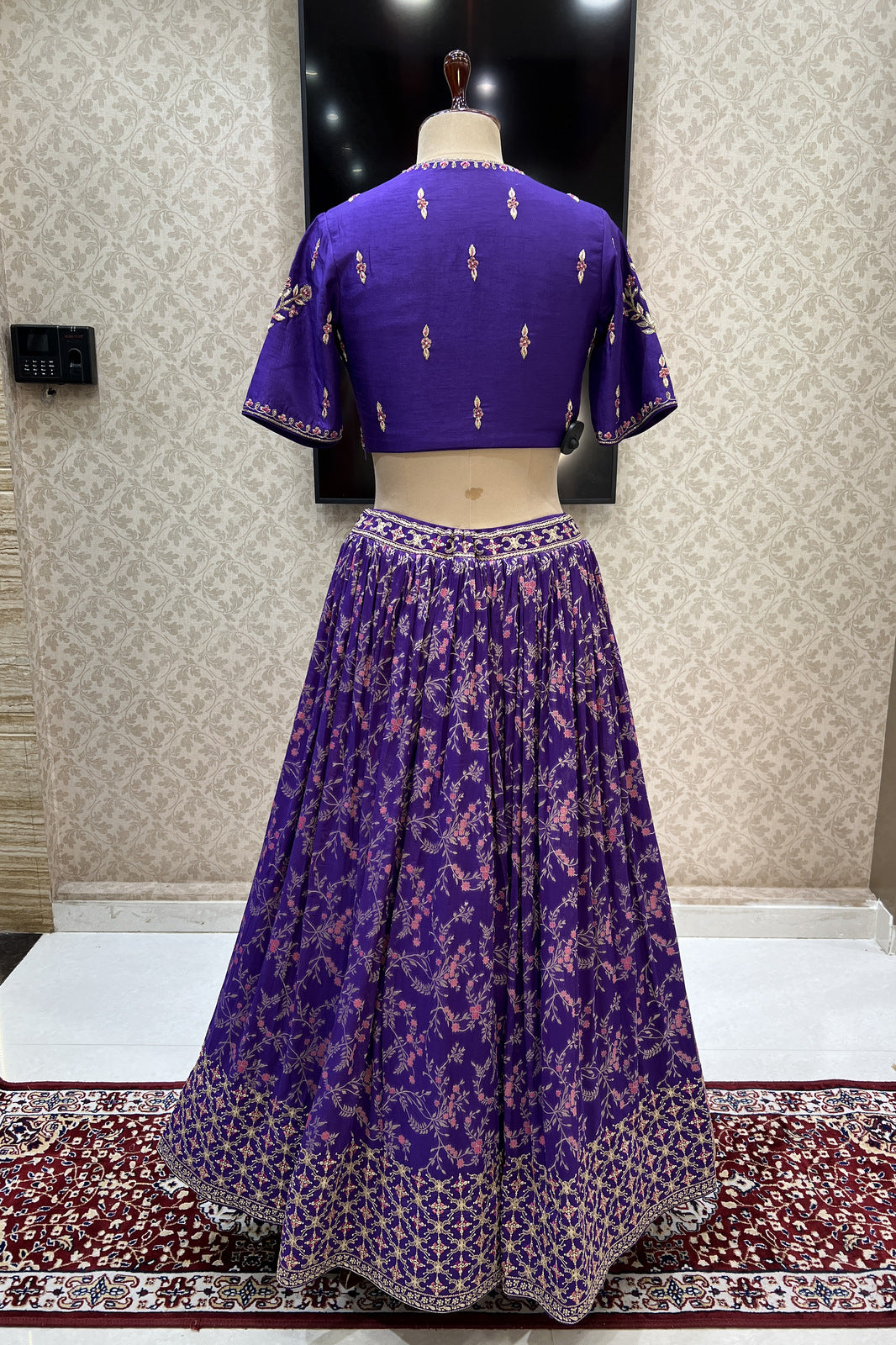 Purple Zardozi, Sequins, Thread, Zari and Banaras work Crop Top Lehenga