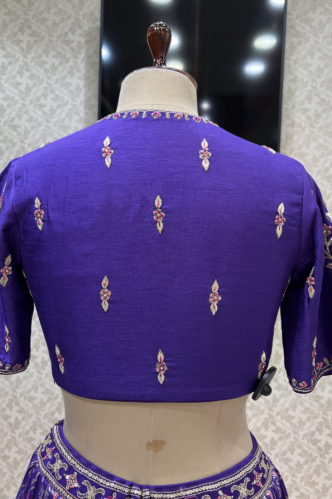 Purple Zardozi, Sequins, Thread, Zari and Banaras work Crop Top Lehenga