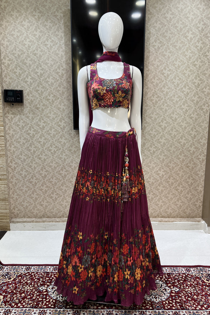 Wine Floral Print, Beads, Sequins and Zardozi work Crop Top Lehenga