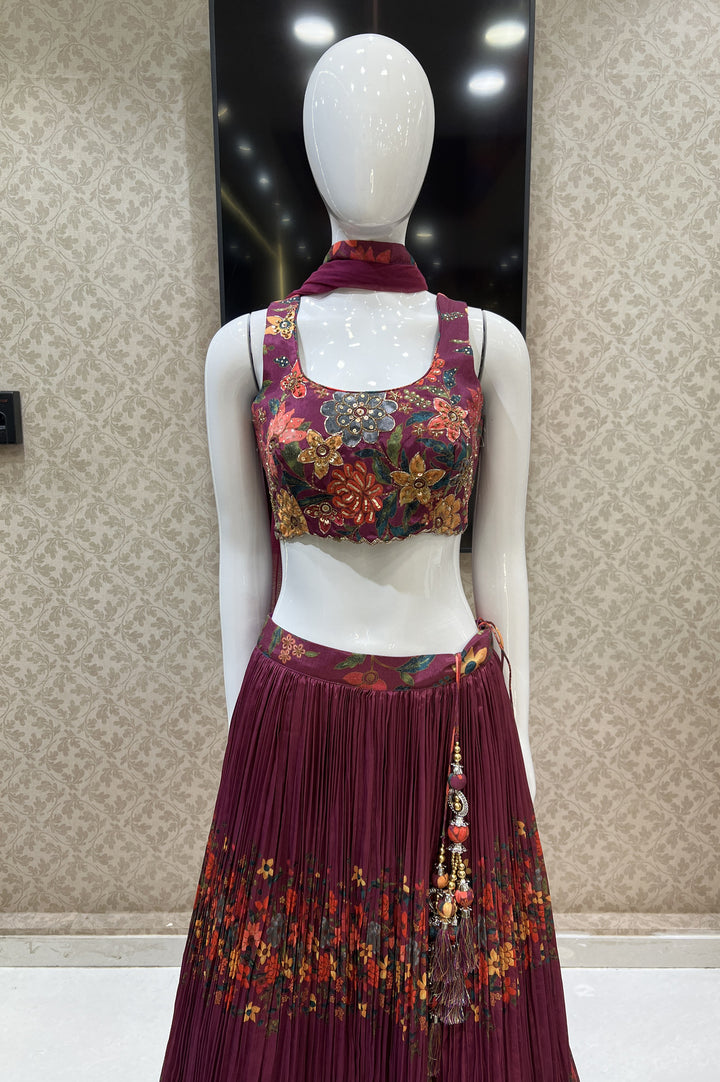 Wine Floral Print, Beads, Sequins and Zardozi work Crop Top Lehenga