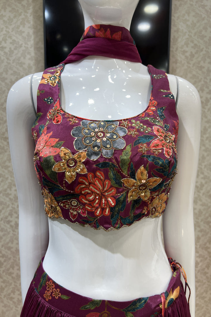 Wine Floral Print, Beads, Sequins and Zardozi work Crop Top Lehenga