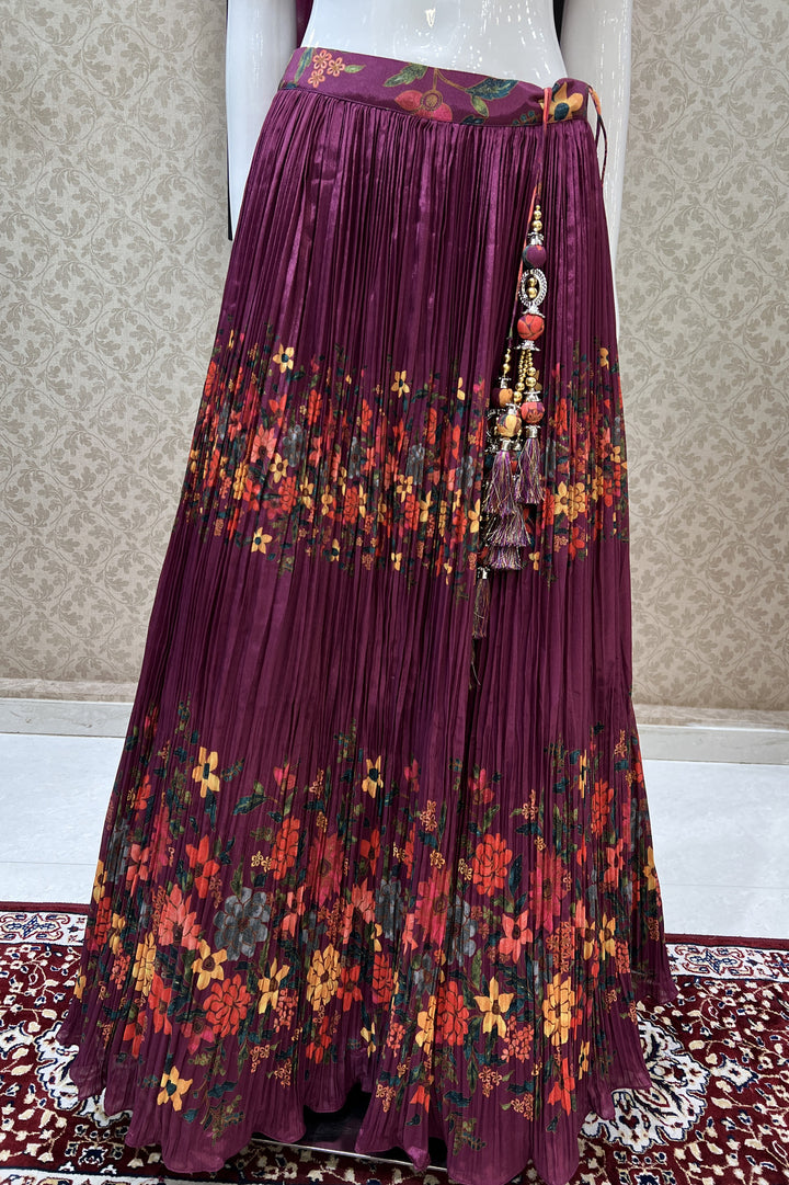 Wine Floral Print, Beads, Sequins and Zardozi work Crop Top Lehenga