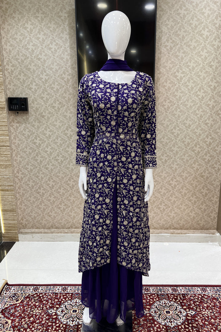 Purple Silver Zari and Sequins work Salwar Suit with Palazzo Pants