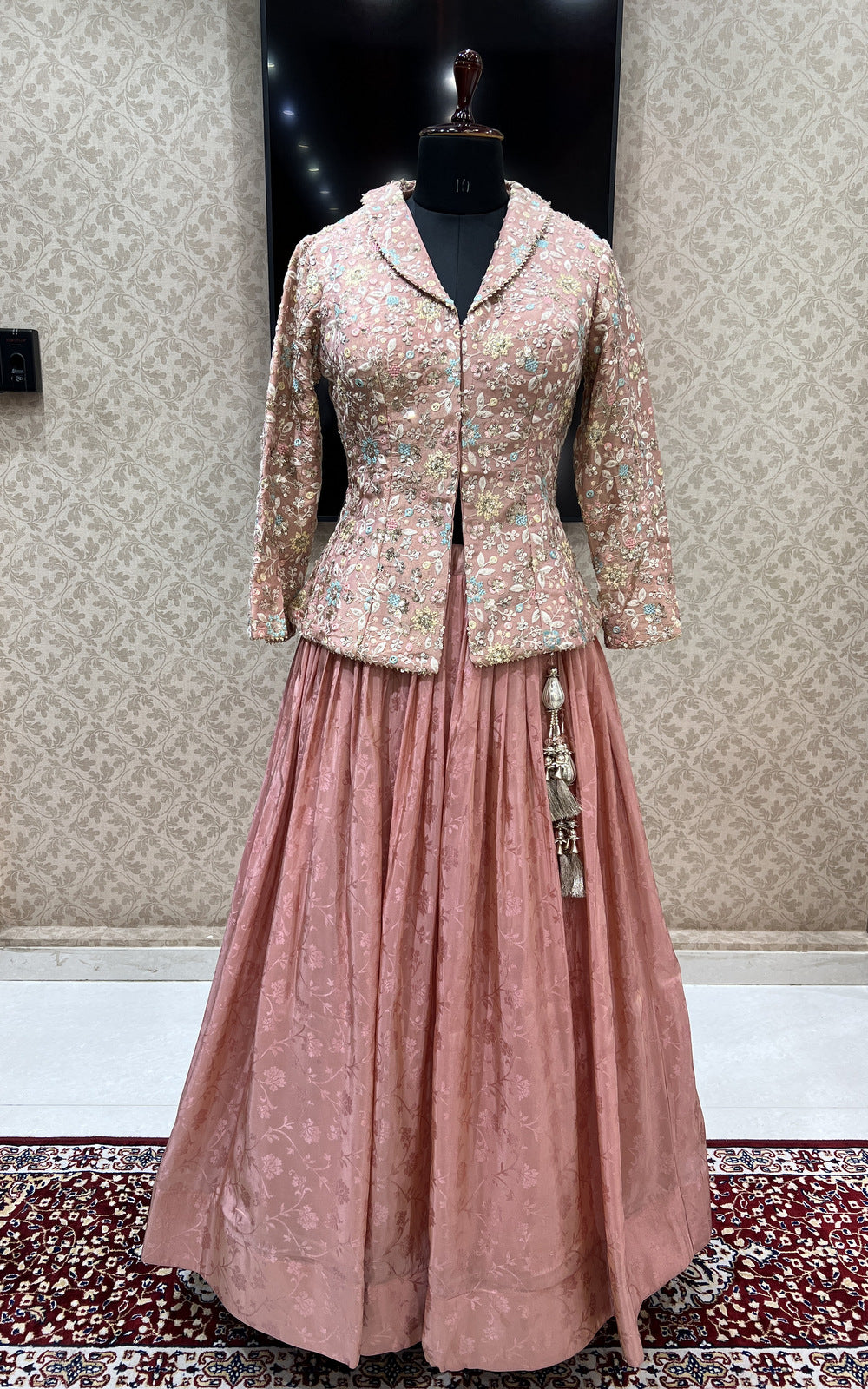 Dusty Pink Net Lehenga Choli With Jacket – Cygnus Fashion
