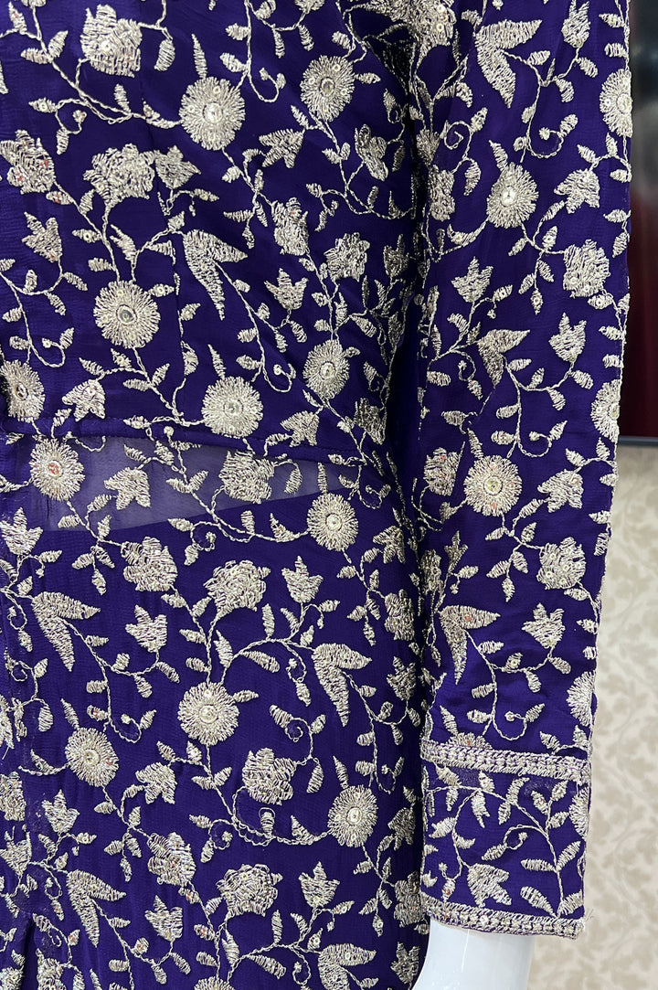 Purple Silver Zari and Sequins work Salwar Suit with Palazzo Pants