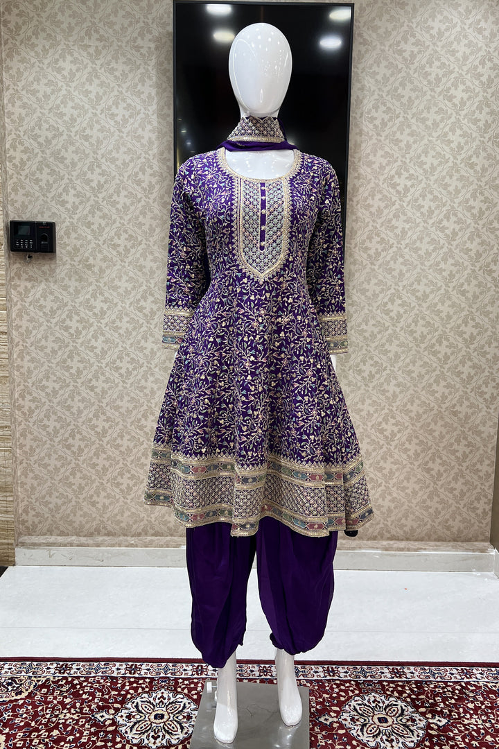 Purple Multicolor Embroidery, Sequins and Zari work Dhoti Styled Salwar Suit