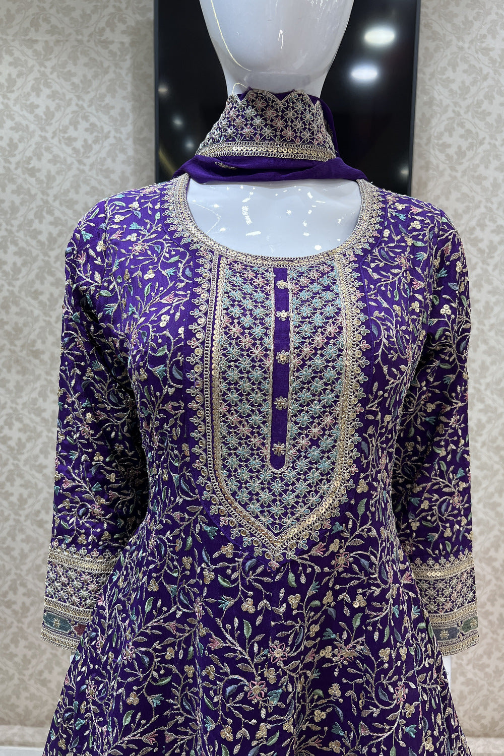 Purple Multicolor Embroidery, Sequins and Zari work Dhoti Styled Salwar Suit