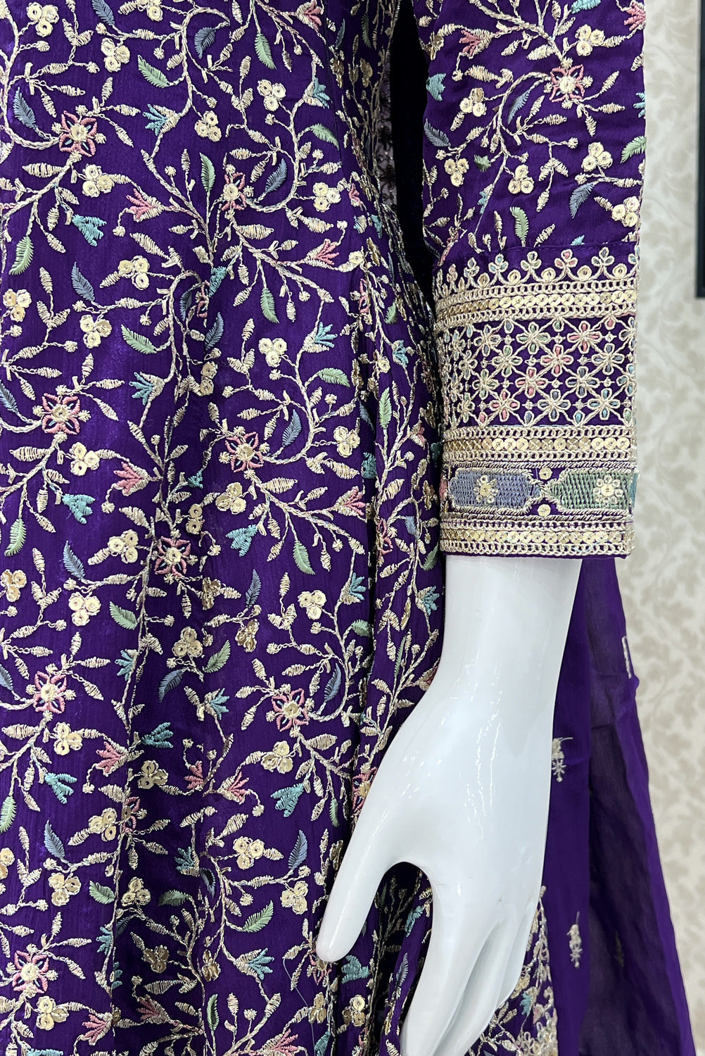 Purple Multicolor Embroidery, Sequins and Zari work Dhoti Styled Salwar Suit