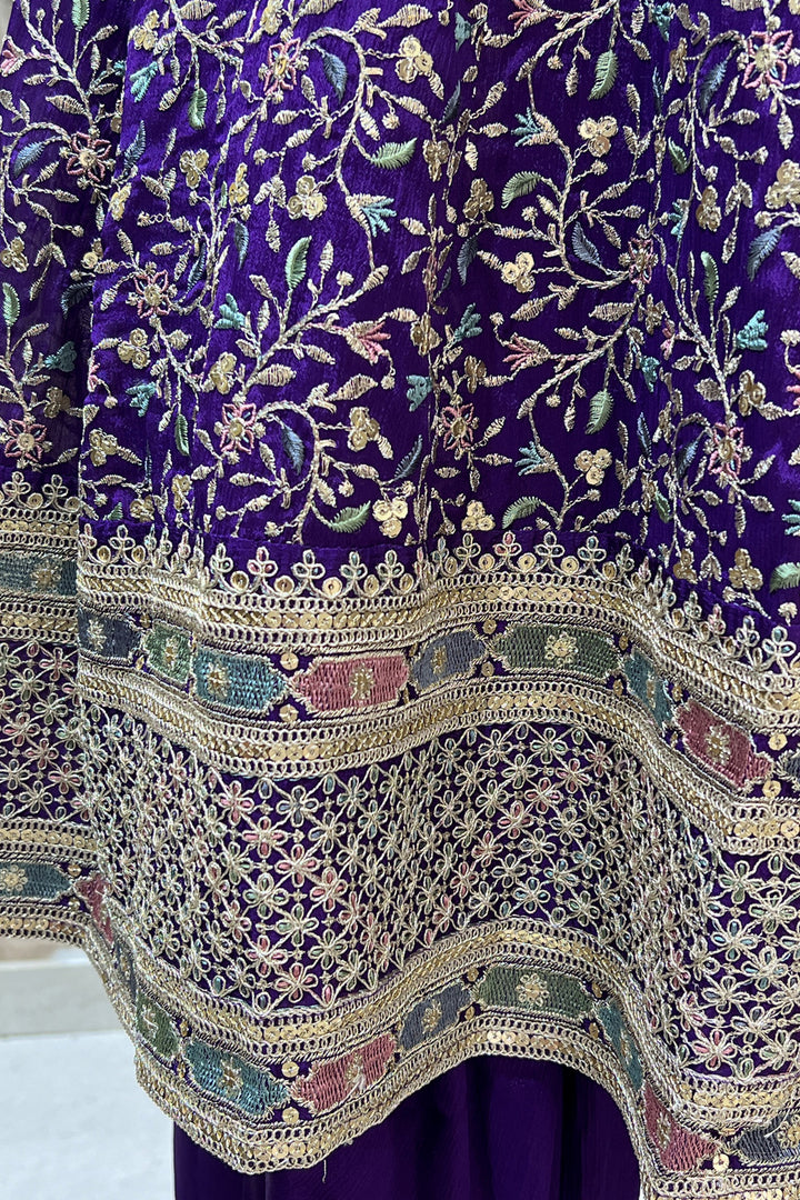 Purple Multicolor Embroidery, Sequins and Zari work Dhoti Styled Salwar Suit