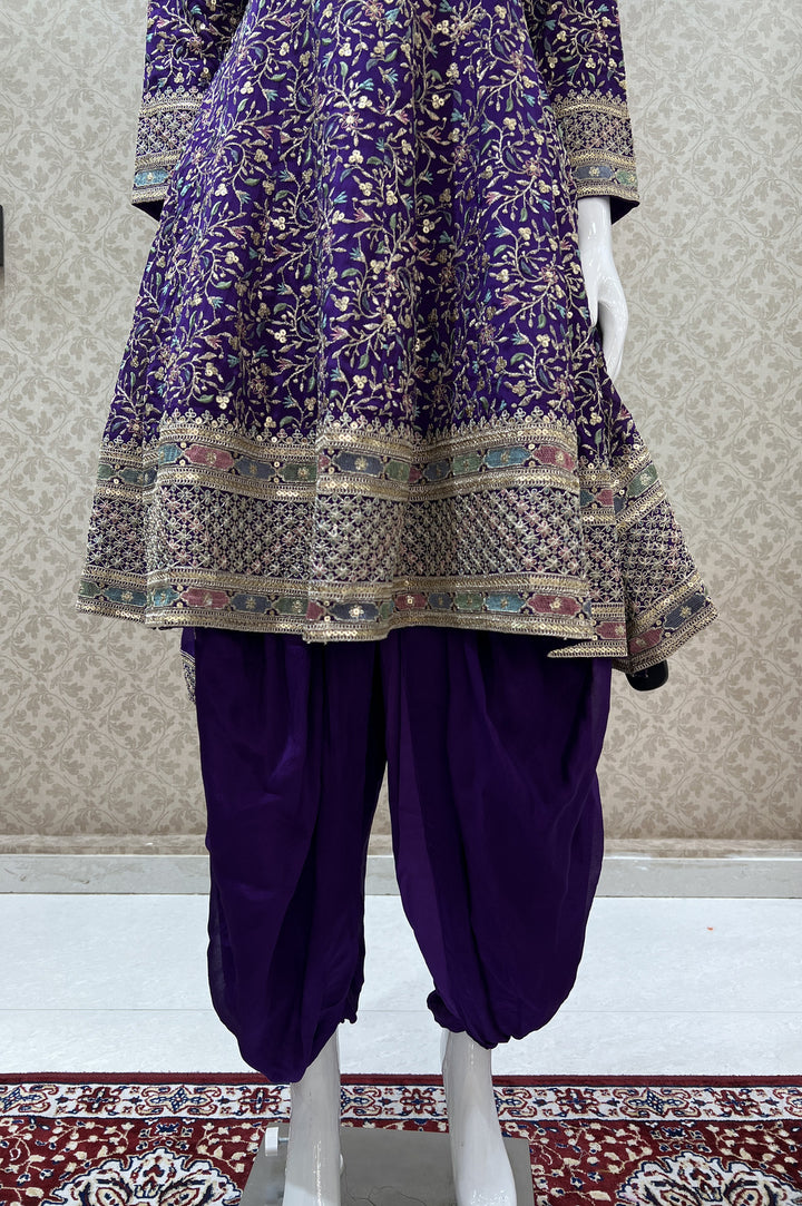 Purple Multicolor Embroidery, Sequins and Zari work Dhoti Styled Salwar Suit