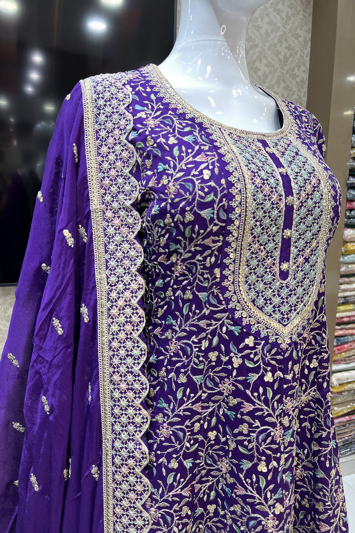 Purple Multicolor Embroidery, Sequins and Zari work Dhoti Styled Salwar Suit