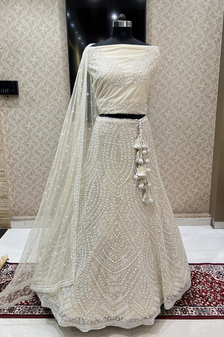 Cream Pearl, Sequins and Beads work Semi Stitched Designer Bridal Lehenga