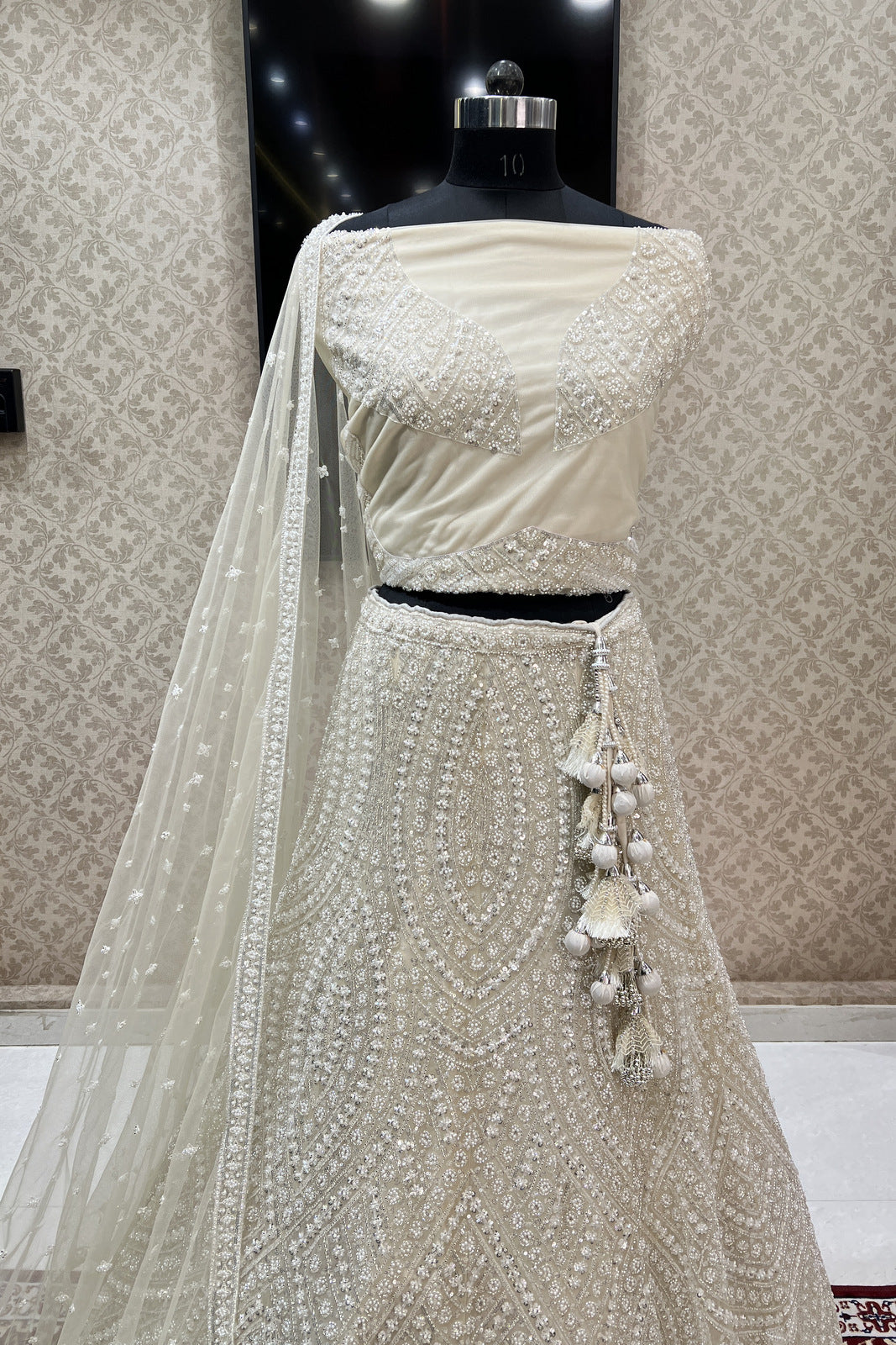 Cream Pearl, Sequins and Beads work Semi Stitched Designer Bridal Lehenga