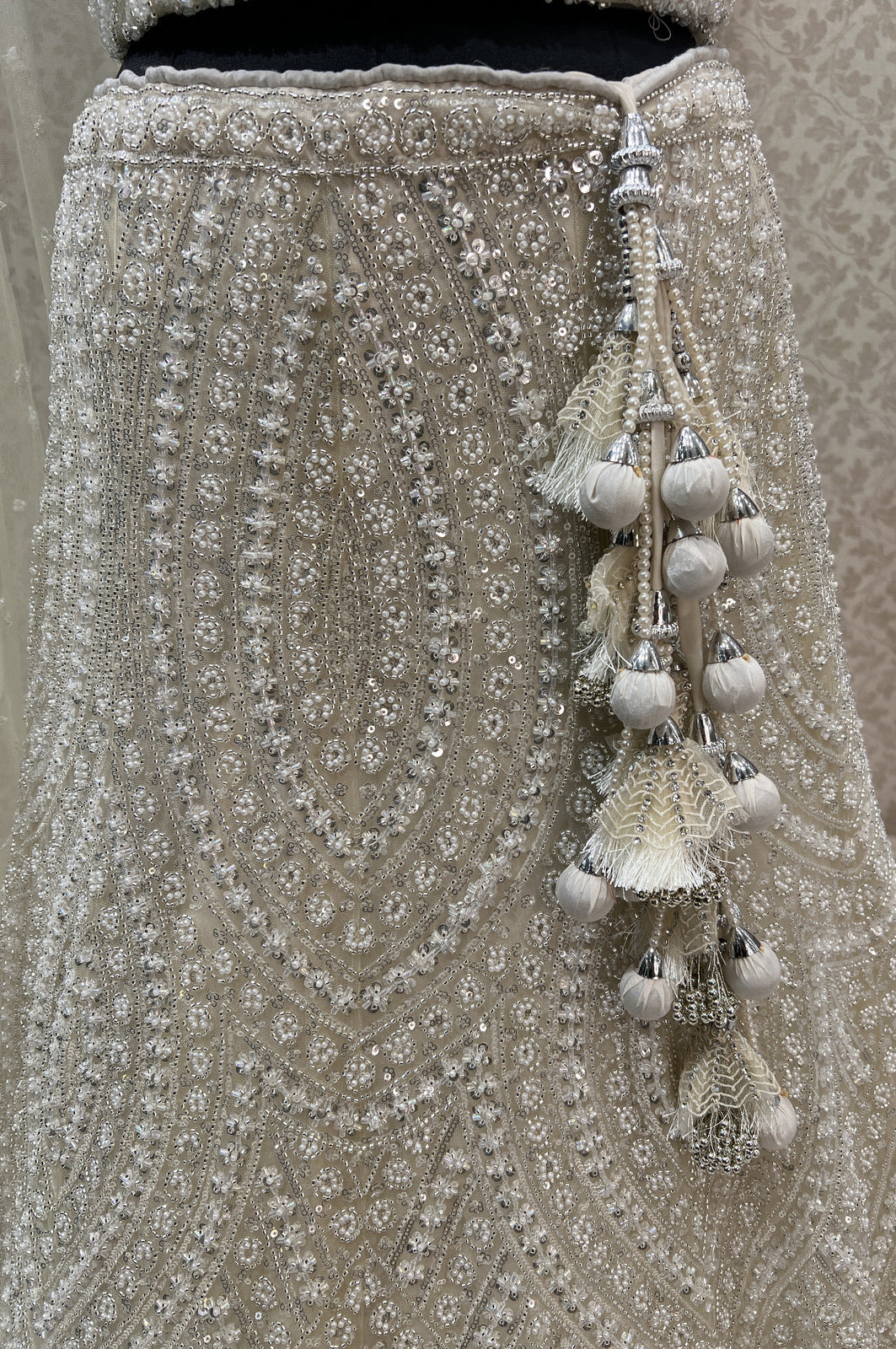 Cream Pearl, Sequins and Beads work Semi Stitched Designer Bridal Lehenga