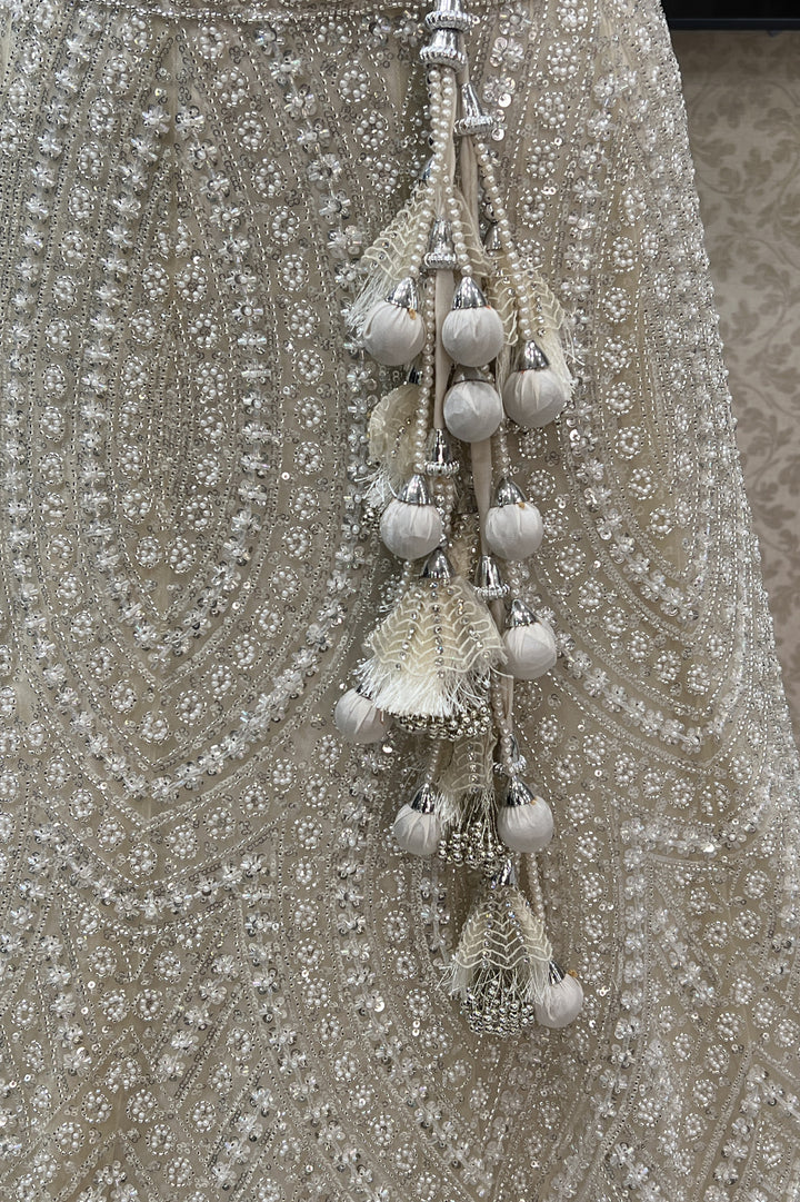 Cream Pearl, Sequins and Beads work Semi Stitched Designer Bridal Lehenga