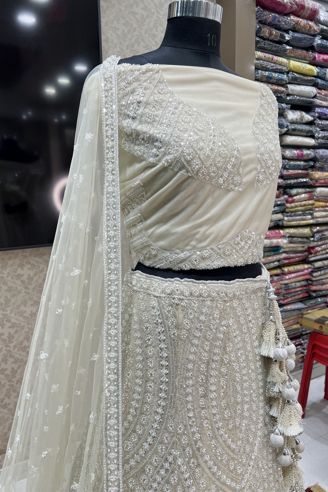 Cream Pearl, Sequins and Beads work Semi Stitched Designer Bridal Lehenga