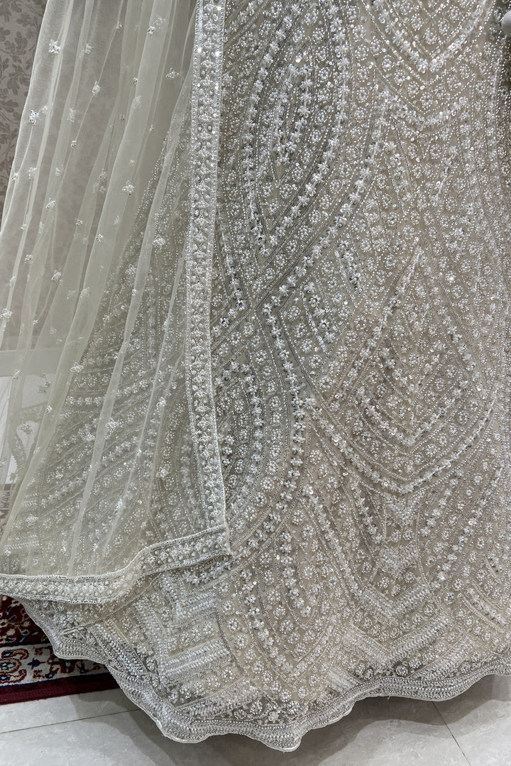 Cream Pearl, Sequins and Beads work Semi Stitched Designer Bridal Lehenga