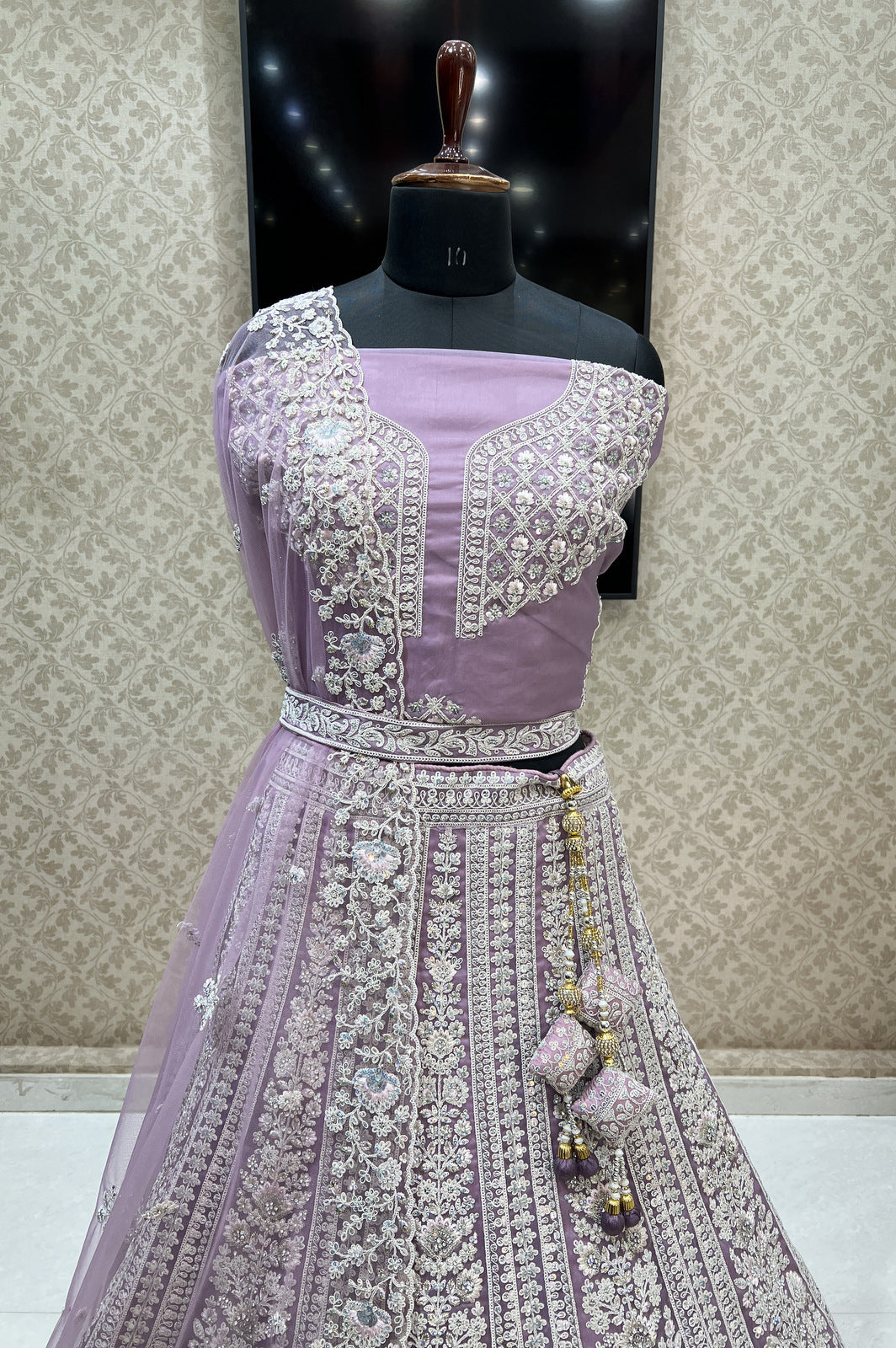 Lavender Stone, Thread and Sequins work Semi Stitched Designer Bridal Lehenga