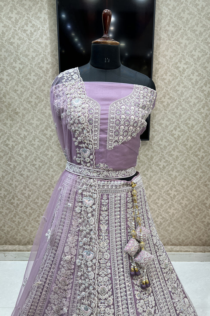 Lavender Stone, Thread and Sequins work Semi Stitched Designer Bridal Lehenga