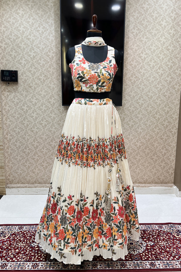 Cream Floral Print, Beads, Sequins and Zardozi work Crop Top Lehenga