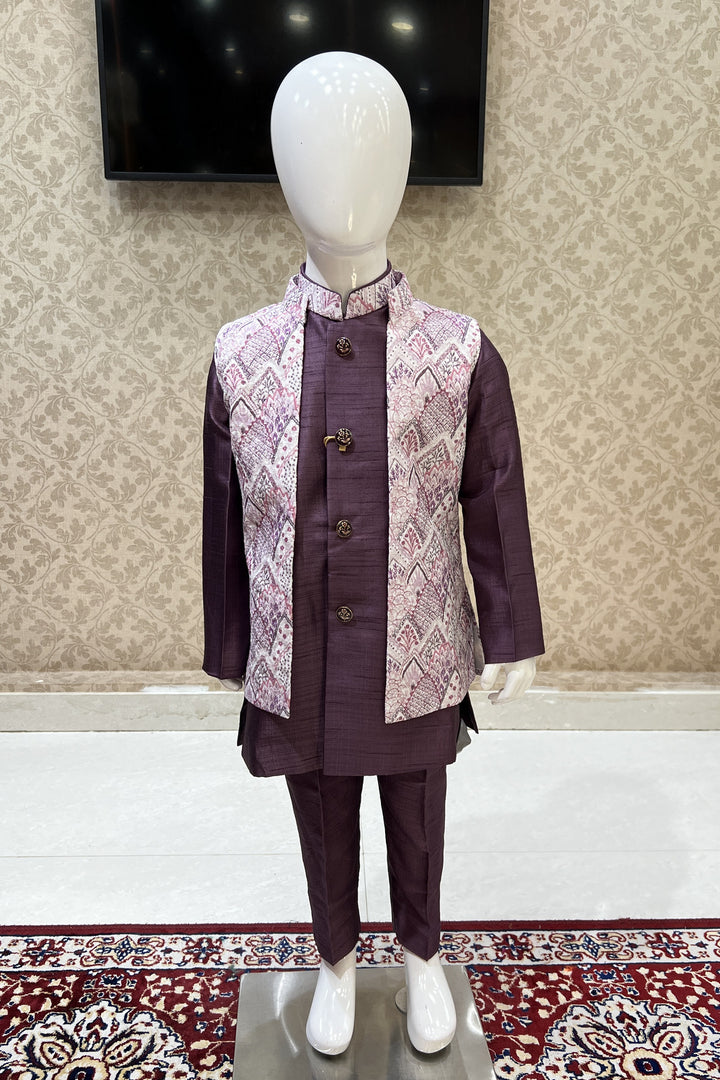 Wine with Cream Thread and Sequins work Waist Coat Kurta Set for Boys