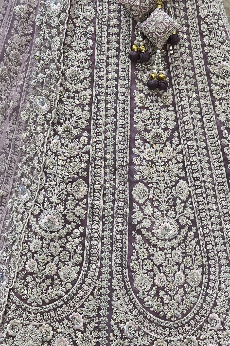 Lavender Stone, Thread and Sequins work Semi Stitched Designer Bridal Lehenga