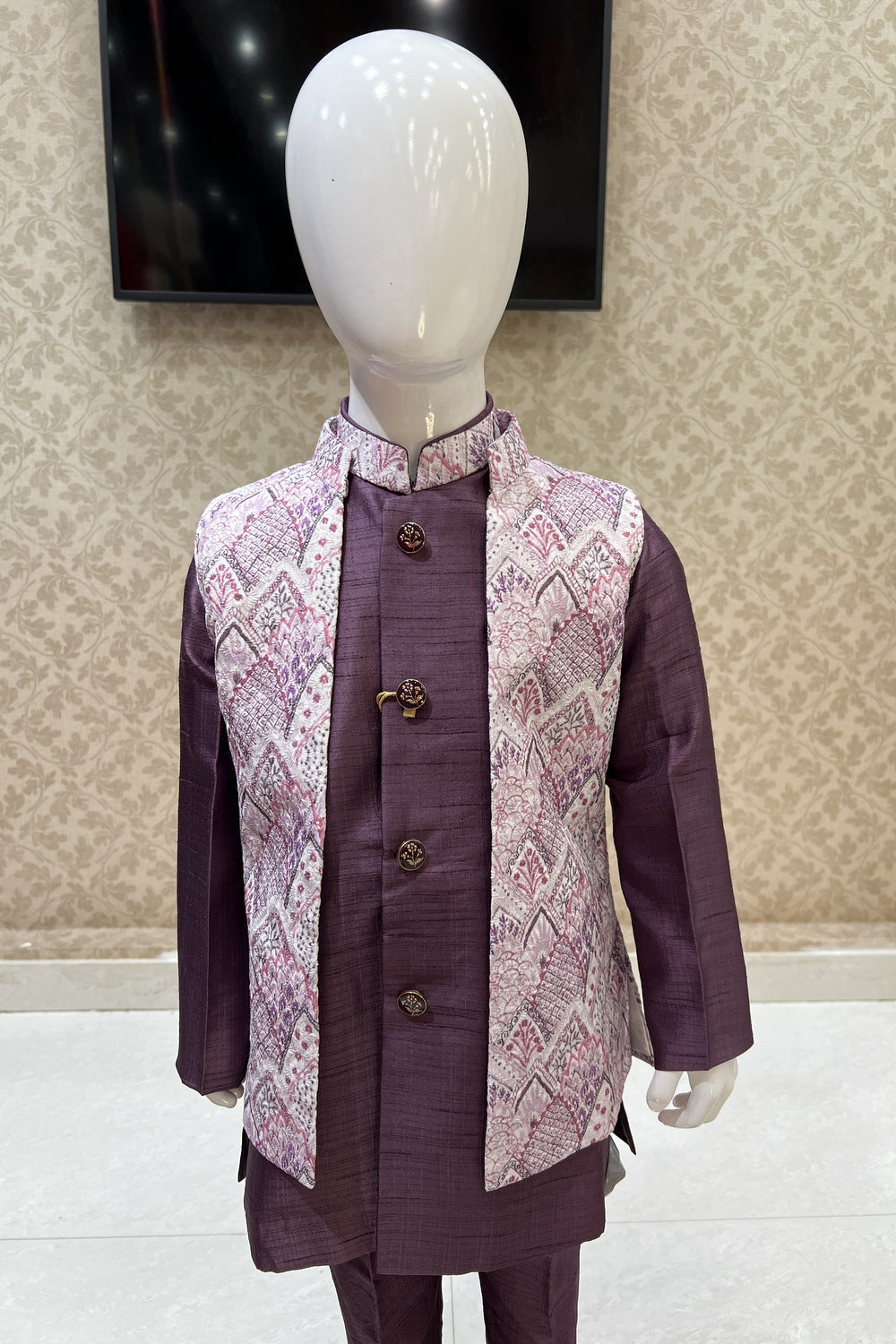 Wine with Cream Thread and Sequins work Waist Coat Kurta Set for Boys