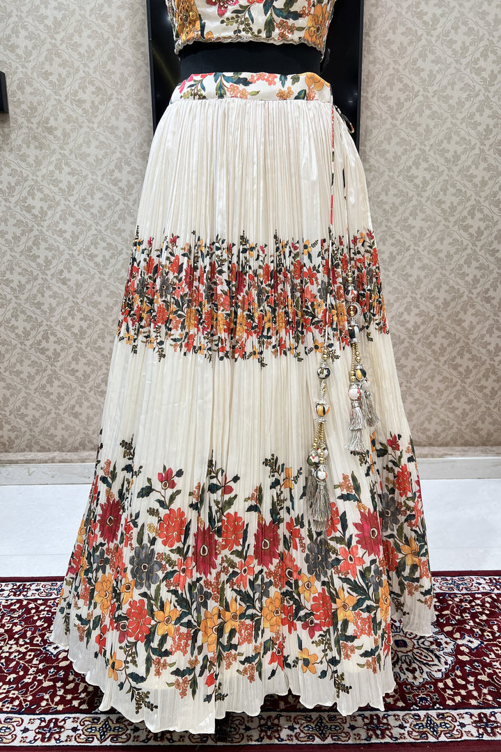 Cream Floral Print, Beads, Sequins and Zardozi work Crop Top Lehenga