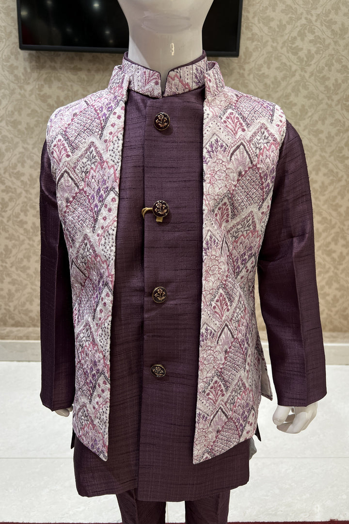 Wine with Cream Thread and Sequins work Waist Coat Kurta Set for Boys